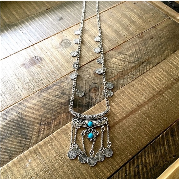 NWT Bohemian Necklace Silver Colored Blue Beads - Picture 2 of 6